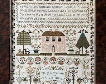 Counted Cross Stitch Pattern, Mary A Williams 1818, Primitive Decor, Reproduction Sampler, Motifs, Dogs, Shakespeare's Peddler, PATTERN ONLY