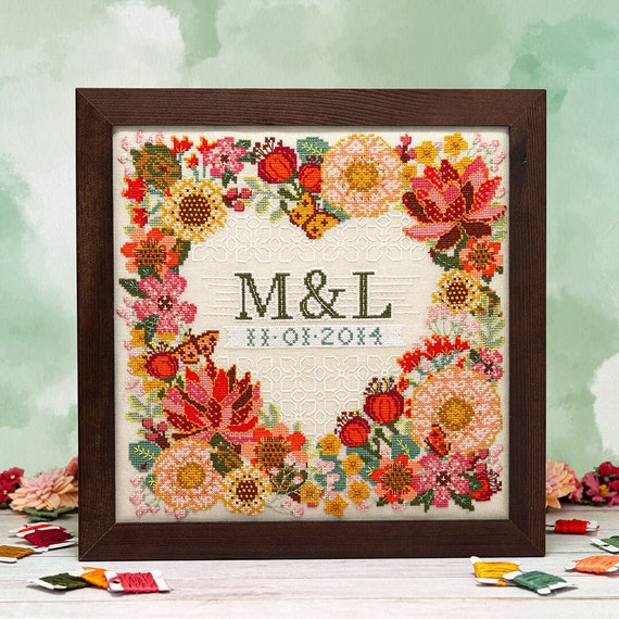 Counted Cross Stitch, Modern Botanical Wedding Sampler, Floral Motifs, Heart, Personalize Sampler, Counting Puddles, PATTERN ONLY