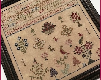 Counted Cross Stitch Pattern, Elizabeth Hunter 1853, Reproduction Sampler, Floral Motifs, Primitive Decor, The Scarlett House, PATTERN ONLY