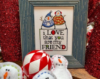 Counted Cross Stitch, Friend Love, Hearts, Snowman, Winter decor, Sampler, Tuck Pillow, Amy Bruecken Designs, PATTERN ONLY