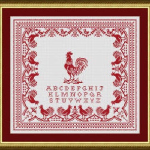 Counted Cross Stitch Pattern, Antique Red Rooster, Roosters, French Sampler, Antique Reproduction, Happiness is Heart Made, PATTERN ONLY