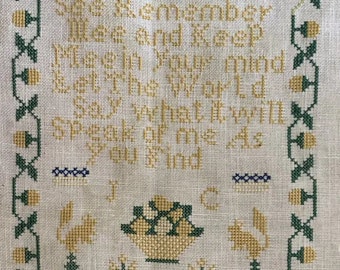 Counted Cross Stitch Pattern, J. C. 1845 Sampler, Reproduction Sampler, Country Rustic, Squirrels, Darling & Whimsy Designs, PATTERN ONLY