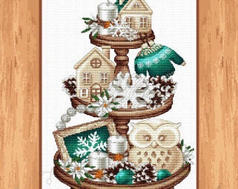 Counted Cross Stitch Pattern, Winter Platter, Tiered Tray, Classic Collection, Winter Decor, Owl, Les Petites Croix de Lucie, PATTERN ONLY