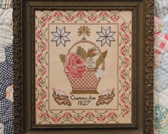 Counted Cross Stitch Pattern,  Charlotte Ash 1827, Antique Reproduction Sampler, Roses, Heartstring Samplery, PATTERN ONLY