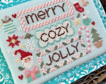 Counted Cross Stitch, Merry Cozy Jolly, Christmas Decor, Motifs, Santa, Hearts, Stocking, Star, Sweet Wing Studio, PATTERN ONLY