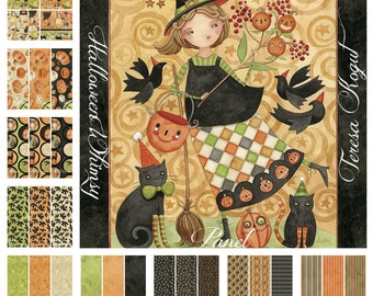 Quilt Fabric, Halloween Whimsy, Halloween Fabric, Pumpkins, Pumpkins, Witches, Black Cats, Stars, Stripes, Teresa Kogut, Riley Blake