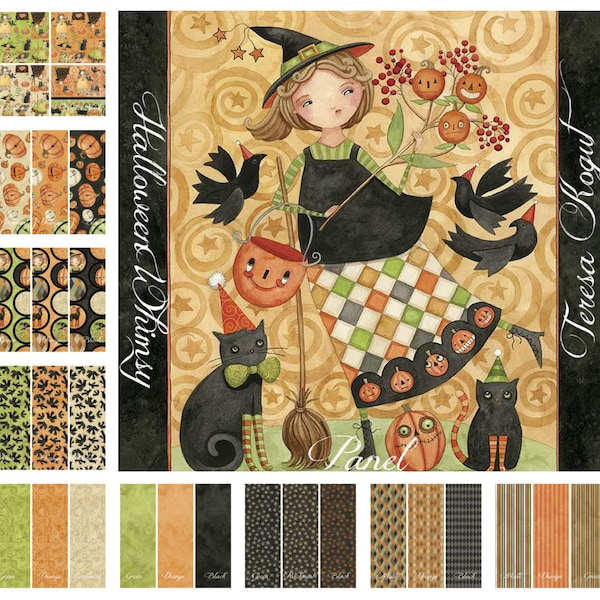 Tissu de courtepointe, Fantaisie d'Halloween, Tissu d'Halloween, Citrouilles, Citrouilles, Sorcières, Chats noirs, Étoiles, Rayures, Teresa Kogut, Riley Blake