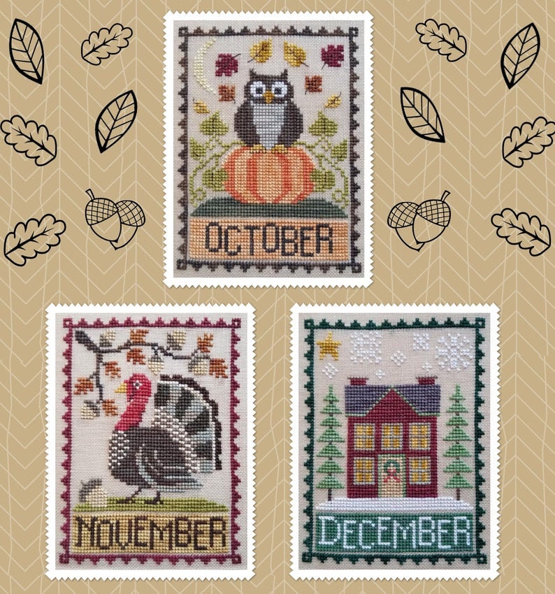 Counted Cross Stitch Pattern Monthly Trios October Owl November Turkey December Christmas Waxing Moon Designs Pattern Only