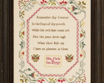 Counted Cross Stitch Pattern, Eliz Fitch 1797, Reproduction Sampler, Primitive Decor, Hands Across the Sea, PATTERN ONLY