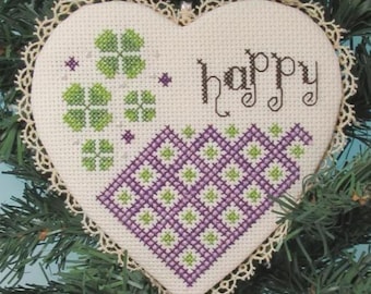Counted Cross Stitch Pattern, Happy Quilted Heart, Inspirational, Spring, Series, Shamrocks, Ornament, KiraLyn's Needlearts, PATTERN ONLY