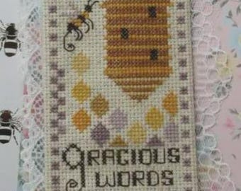 Counted Cross Stitch Pattern, Gracious Words, Bookmark Series, Inspirational, Honey Bee, Bee Skep, KiraLyn's Needlearts, PATTERN ONLY