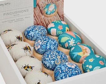 Fabric Pincushions, Wood Base, Cream Bee, Blue Floral, Teal Bird, Embroidery Accessory, Cross Stitch Tool, Sewing Notion Tool, Hobby Gift