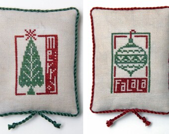 Counted Cross Stitch Pattern, Imprints: Merry and Fa La La, Christmas Decor, Pillow Ornaments, Tree, Heart in Hand, PATTERN ONLY