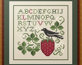 Counted Cross Stitch Pattern, Spring Crow and Strawberry, Strawberry Motif, Crow, Summer Decor, Happiness is Heart Made, PATTERN ONLY