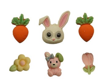 Cottontail, Flatbackz Embellishments, Easter Decor, Rabbits, Carrots, Flowers, Paper Craft Embellishments, #FBZ123, Buttons Galore & More