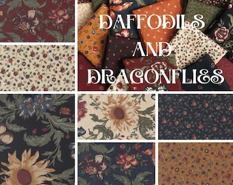 Quilt Fabric, Daffodils & Dandelions, Dragonfly Garden, Floral, Sunflowers, Dandelions, Leaf, Mulch, Kansas Troubles, Moda Fabrics