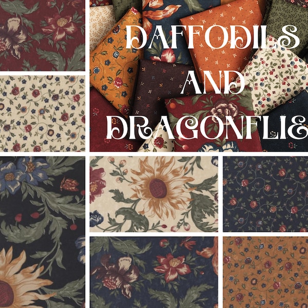 Quilt Fabric, Daffodils & Dandelions, Dragonfly Garden, Floral, Sunflowers, Dandelions, Leaf, Mulch, Kansas Troubles, Moda Fabrics