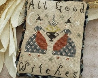 Cross Stitch Pattern, All Good Witches, Halloween Decor, Stars, Sliver Moon, Witches, Cauldron, Pillow Ornament, Pineberry Lane PATTERN ONLY