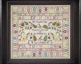 Counted Cross Stitch Pattern, Mrs Campbell 1805, Reproduction Sampler, Antique Reproduction, Hands Across the Sea, PATTERN ONLY