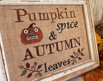 Counted Cross Stitch, Autumn Favorites, Halloween Decor, Autumn Sampler, Jack O' Lantern, Leaves, Rustic Chic, Mani di Donna, PATTERN ONLY