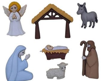 Nativity Scene, Christmas Collection, Manger, Mary, Joseph, Baby Jesus, Shank Buttons, Craft Embellishments, Buttons Galore & More, #4844