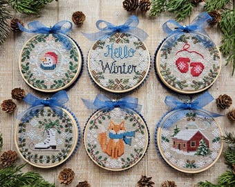 Counted Cross Stitch Pattern, Winter Mini Rounds, Winter Decor, Snowman, Skates, Fox, Mittens, Cabin, Waxing Moon Designs, PATTERN ONLY