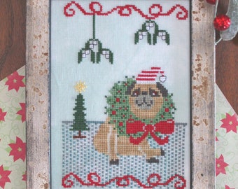 Counted Cross Stitch Pattern, Posing in the Mistletoe, Dogs in the Garden Series, Pug, Wreath, Christmas Decor, Lindy Stitches, PATTERN ONLY