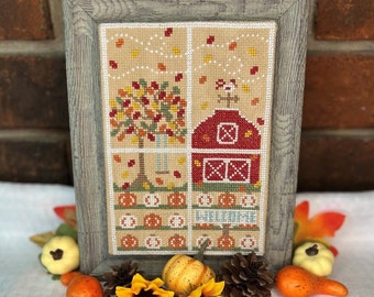 Counted Cross Stitch, Autumn Window, Autumn Decor, Colored Leaves, Barn, Pumpkin Patch, Small Town Needleworks, PATTERN ONLY