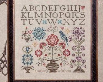 Counted Cross Stitch Pattern, Vintage Flowers, Alphabet Sampler, Flower Motifs, Quaker Style, Birds, Jeannette Douglas Designs, PATTERN ONLY