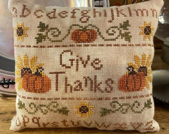 Counted Cross Stitch, Give Thanks Sampler Pillow, Autumn Decor, Thanksgiving Decor, Alphabet, Pumpkins, Leaves, Mani di Donna, PATTERN ONLY