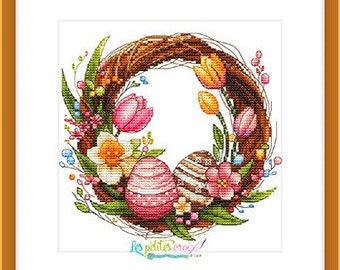 Counted Cross Stitch Pattern, Easter Wreath 2024, Spring Decor, Easter Decor, Shabby Cottage Chic, Les Petites Croix de Lucie, PATTERN ONLY