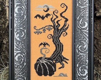 Counted Cross Stitch Pattern, Twisted Pumpkin, Halloween Decor, Bats, Moon, Haunted Tree, Carriage House Samplings, PATTERN ONLY