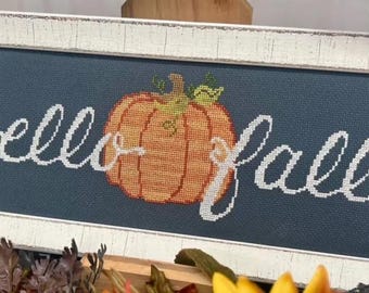 Counted Cross Stitch Pattern, Hello Fall, Autumn Decor, Tuck Pillow, Giant Pumpkin Motif, Crafty Bluebonnet, PATTERN ONLY
