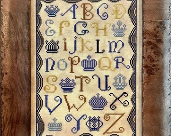 Counted Cross Stitch Pattern, Crowns of Blue, Alphabet Sampler, Crown Motifs, Pillow, Scalloped Border, Kathy Barrick, PATTERN ONLY