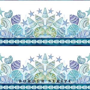 May include: A repeating fabric pattern featuring intricate blue and green seashell and starfish illustrations on a white background, separated by a horizontal dark teal band with a white shell motif and the text BORDER STRIPE.