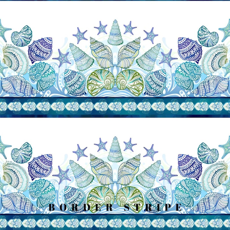 May include: A repeating fabric pattern featuring intricate blue and green seashell and starfish illustrations on a white background, separated by a horizontal dark teal band with a white shell motif and the text BORDER STRIPE.
