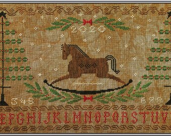 Counted Cross Stitch Pattern, Rocking Horse Holiday, Primitive Decor, Bottle Brush Trees, Christmas Sampler, Artful Offerings, PATTERN ONLY