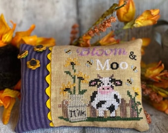 Counted Cross Stitch, Bloom & Moo, Pillow, Pin Cushion, Bowl Filler, Garden Decor, Spring Decor, Flowers, Bees, Mani di Donna, PATTERN ONLY