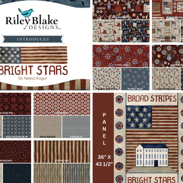 Quilt Fabric, Bright Stars, Broad Stripes, Patriotic Fabric, Americana Decor, Primitive, Folk Art, Whimsical, Teresa Kogut, Riley Blake