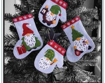 Wool Applique Pattern and Kit, Christmas Gnomes, Christmas Mittens and Stocking Ornaments, Wool Kit, Rachel's of Greenfield, PATTERN AND KIT