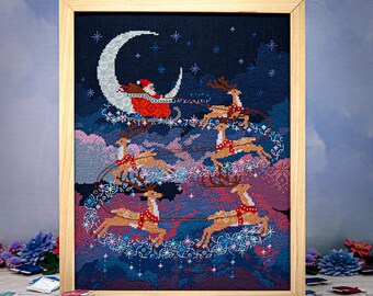 Counted Cross Stitch, Santa's Moonlight Ride, Christmas Decor, Sleigh, Reindeer, Lindsey Whitney, Counting Puddles, PATTERN ONLY