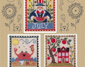 Counted Cross Stitch Pattern, Monthly Trios, July Patriotic, August Beach, September Apple Tree, Waxing Moon Designs, PATTERN ONLY