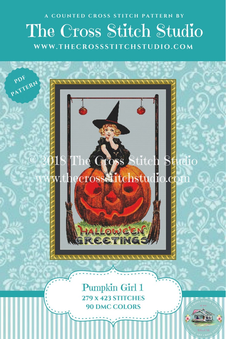 Counted Cross Stitch Pattern Pumpkin Girl Vintage