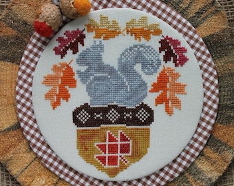 Counted Cross Stitch Pattern, A Squirrel and His Nut, Acorns, Banner, Autumn Decor, Fall Decor, Oak Leaves, Luhu Stitches, PATTERN ONLY