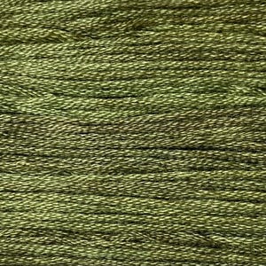 May include: Close-up of olive green embroidery floss, showing the texture of the thread. The floss is tightly wound, with a slight sheen. The color is a muted, earthy green, suitable for various craft projects.