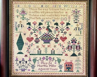 Counted Cross Stitch Pattern, Martha Miller 1858, Reproduction Sampler, Alphabet, Religious, Running with Needles & Scissors, PATTERN ONLY