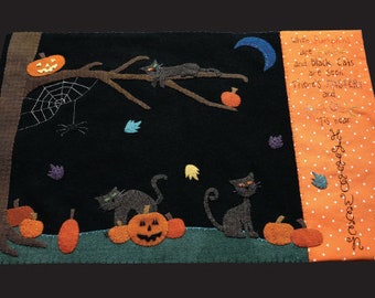 Wool Applique Pattern, Mystery and Magic, Wool Candlemat, Halloween Decor, Autumn Decor, Black Cats, Pumpkins, Nutmeg Hare, PATTERN ONLY