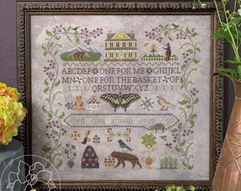 Counted Cross Stitch Pattern, Huckleberry Farm, Farm Sampler, Huckleberries, Bears, Farmhouse, Woodland, The Blue Flower, PATTERN ONLY