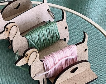 Dachshund Bobbin Display Set, Thread Organizer, Wooden Bobbins, Embroidery Tool, Cross Stitch Accessory, Permin, Bobbin or Display Set