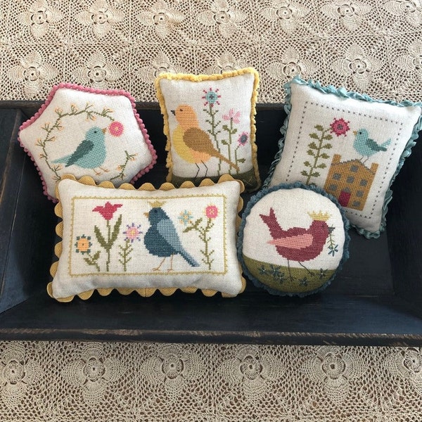 Counted Cross Stitch, A Little Birdie Told Me, Pillow Ornaments, Bowl Fillers, Flower Motifs, Birds, Under the Garden Moon, PATTERN ONLY